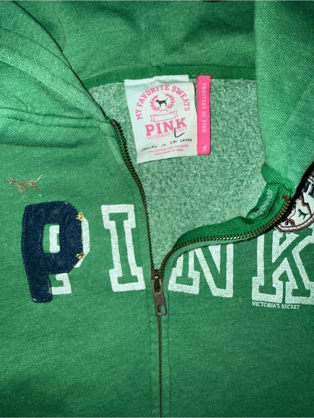 Victoria’s Secret PINK Green Full Zip Hoodie Sweatshirt Collegiate Graphic Sz L